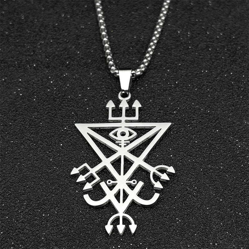 Sigil Church of Satan Trident Stainless Steel Necklace Seal of Lucifer LaVey Hidden Devil Eye Silver Color Long Necklace Jewelry
