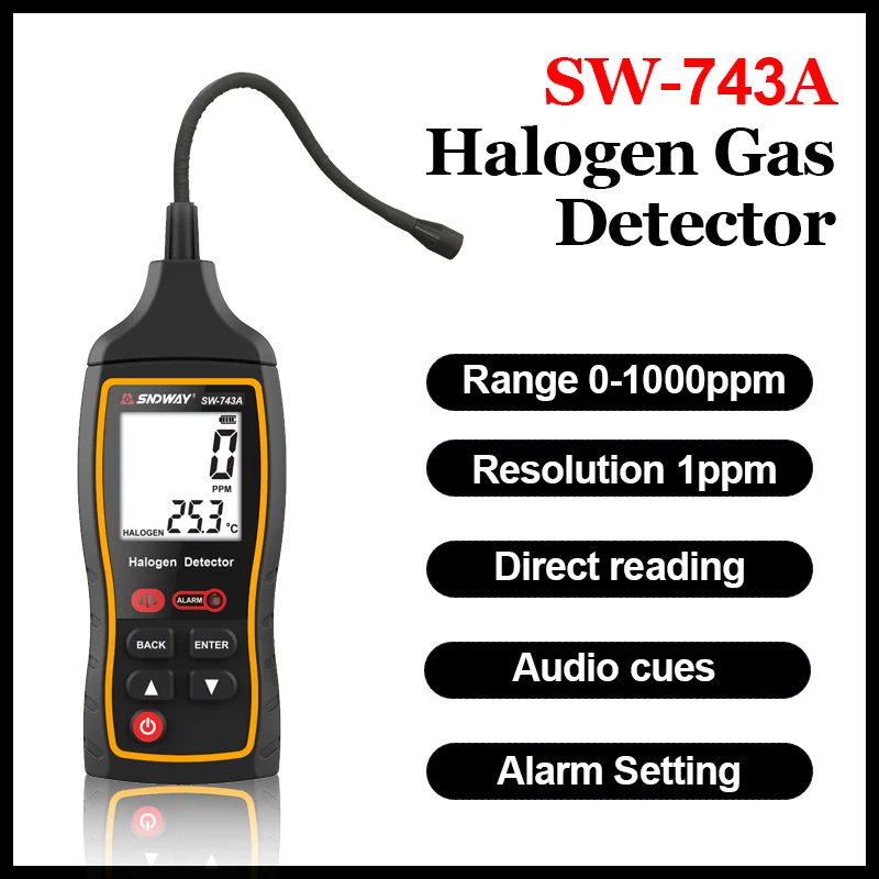 SW-743A 0-1000PPM Halogen Gas Detector Refrigerant Air Conditioner Freon Gas Leak Detector with Light Sound Vibration Alarm