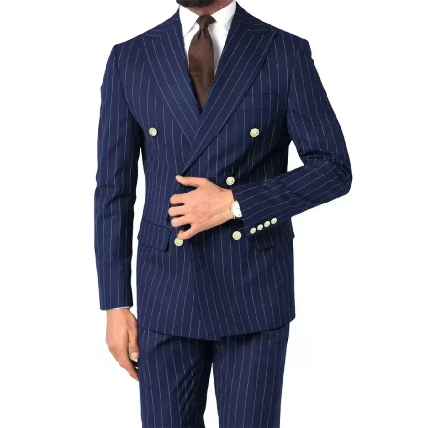 الفاخرة مخطط الرجال بدلة سهرة 2 قطعة مجموعة الذروة التلبيب السترة والسراويل الزفاف الأعمال حفلة موسيقية ملابس خارجية غير رسمية للرجال