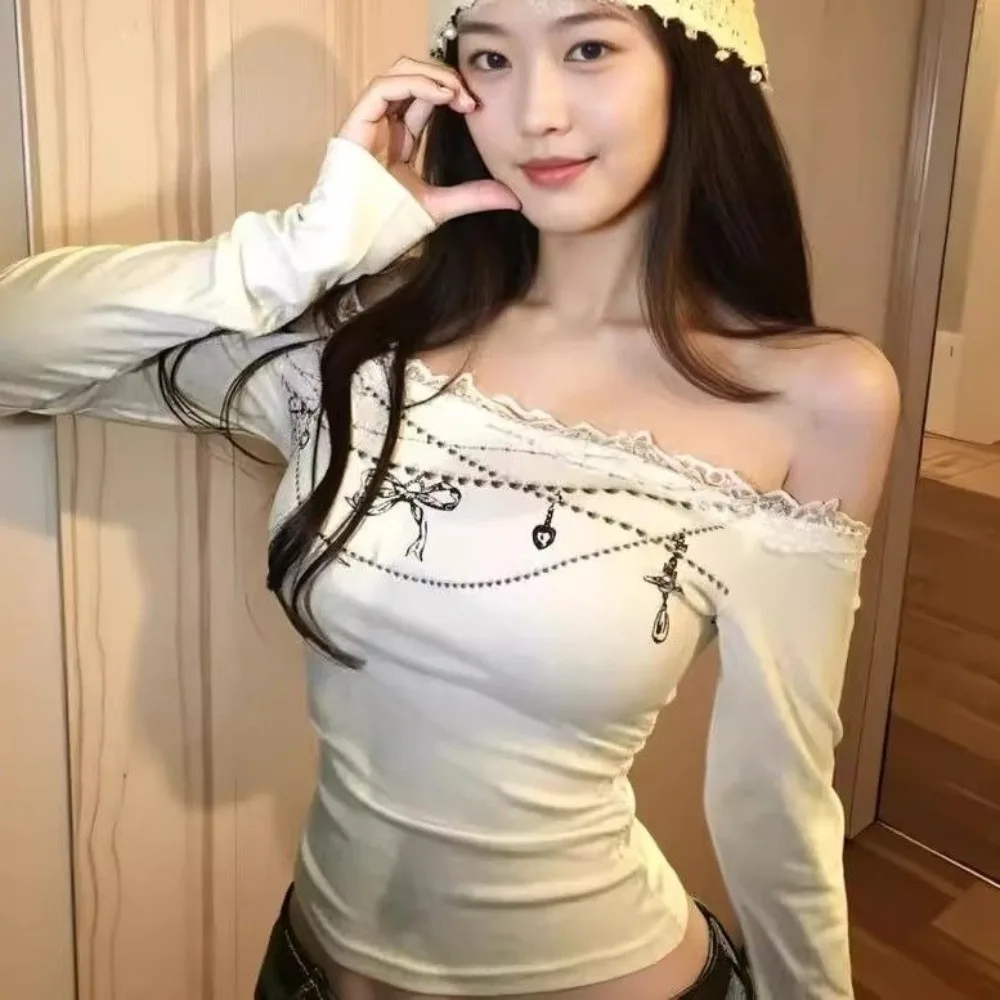 Lace Patchwork Women's T-shirts Slash Neck Long Sleeve Ropa mujer Off Shoulder Clothes Pure Desire Style Tops Roupas Feminina