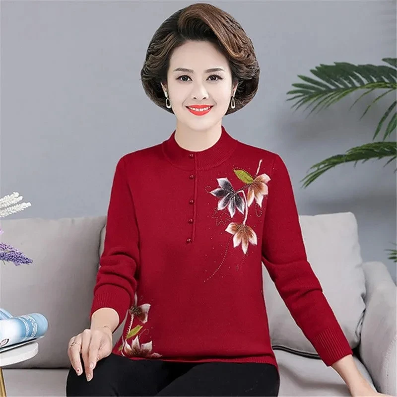 Autumn Winter Velvet Sweater Women Pullover New Embroidered Half High Neck Long Sleeve Knitted Sweater Middle aged Female Tops