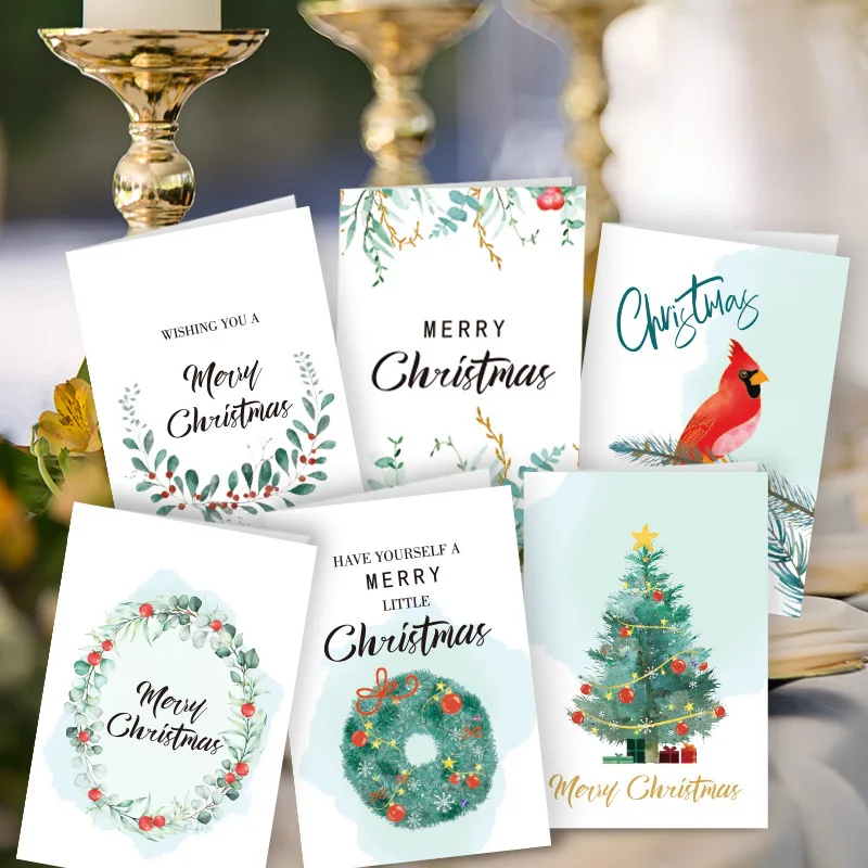 12pcs Merry Christmas Greeting Cards with Envelopes Stickers Folding Type Cartoon Print Gift Cards Christmas Decoration Supplies