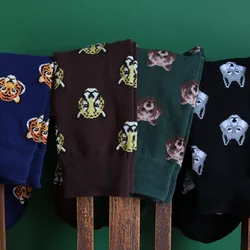 Calcetines de animales para Hombre, calcetín suave con estampado de dibujos animados, Tigre, Lobo, clásico, coreano, informal, Otoño e Invierno