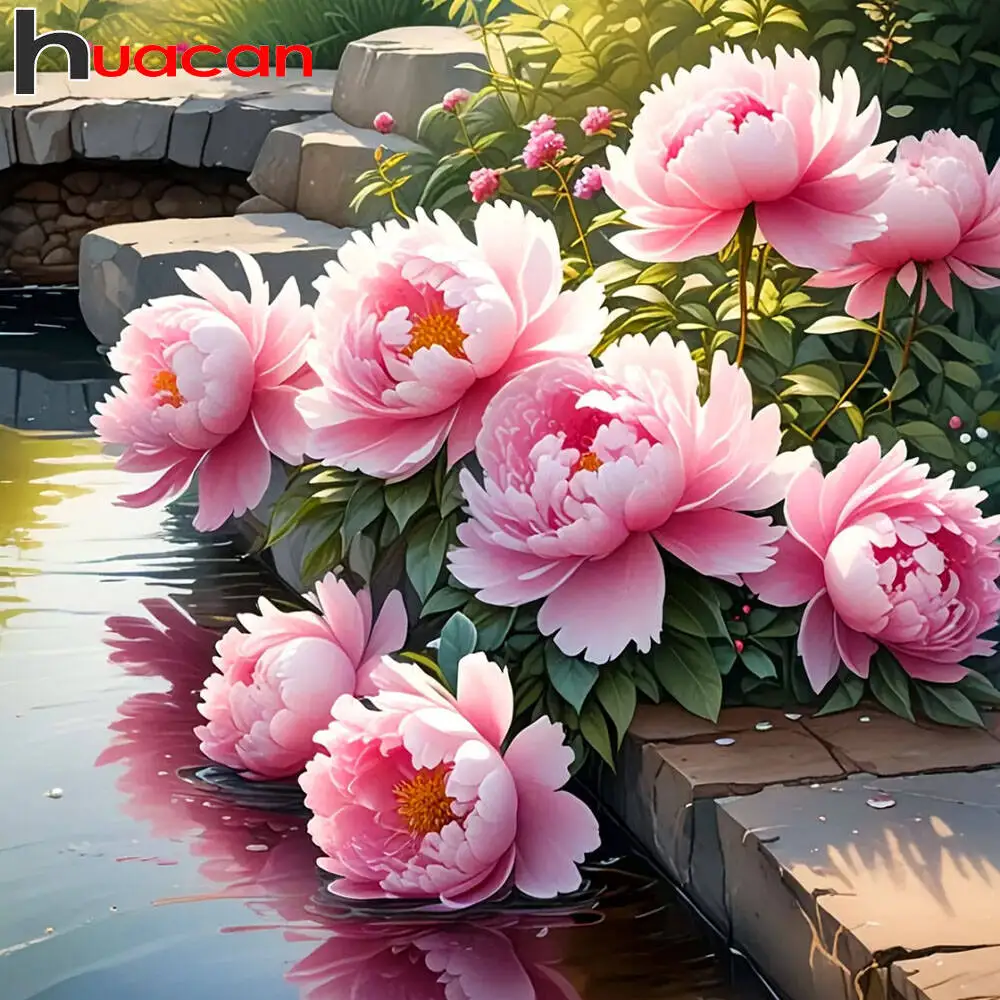 Huacan Diamond Mosaic Peony Flower Full Square Round Diamond Painting Kits Nature Landscape Rhinestones Home Art Craft