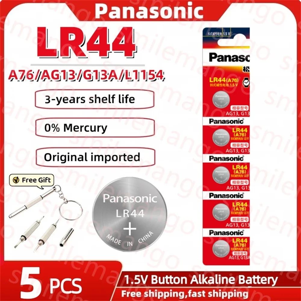 5PCS Panasonic 1.5V AG13 LR44 SR1154 pila SR44 Button Batteries A76 LR1154 Alkaline battery Cell Coin Watch Toys Remote Battery