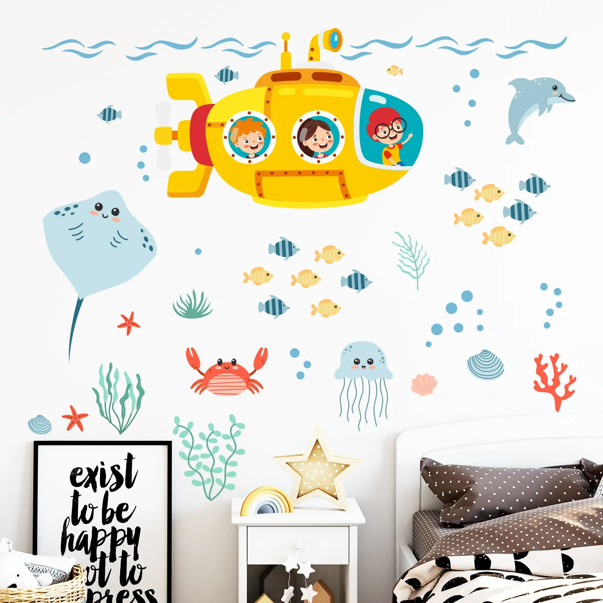 Cartoon Under The Sea Submarine Ocean Fish Wall Stickers Crab Jellyfish Dolphin Coral Decals for Kids Room Nursery Decoration