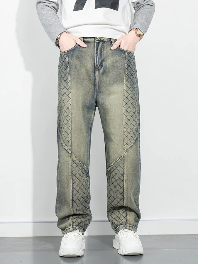 

Мужские джинсы премиум-класса в стиле ретро с пэчворком, повседневные, свободного прямого кроя, износостойкие, со средней посадкой, на молнии, винтажные