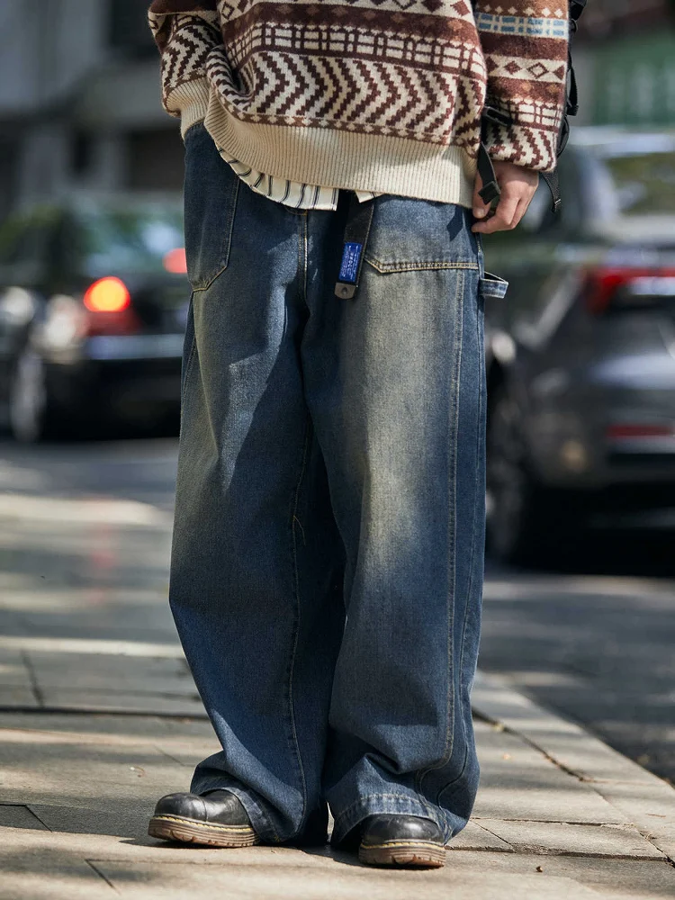 

Retro Washed Large Size Workwear Jeans Men's American High Street Loose Casual Straight Leg Wide Leg Long Pants