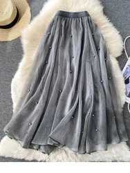 Women's Spring Summer New Beaded Streamer Skirt All-match Mid-length Gentle Wind Skirt D0145