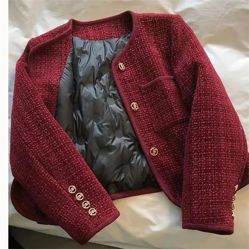 

Red Small Fragrance Coat Women 2024 Autumn Winter New Round Neck French Vintage Tweed Tops Ladies Short Jacket Female Outerwear