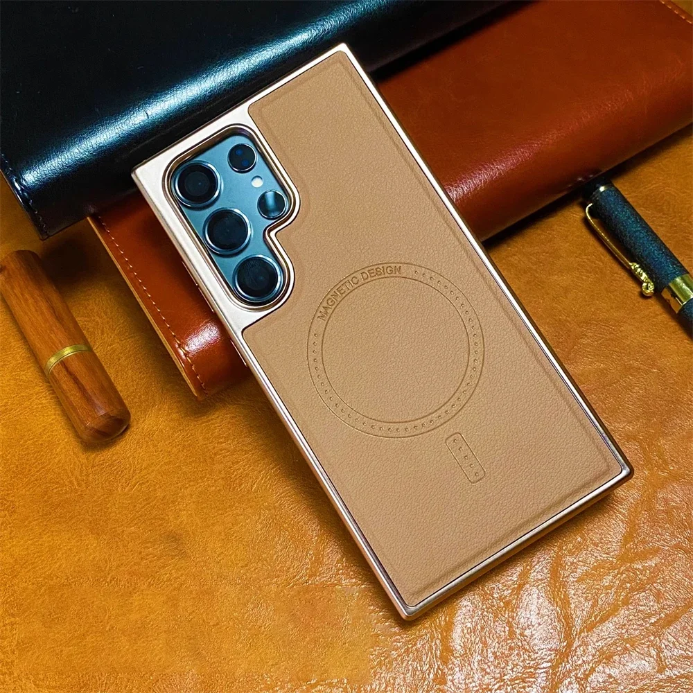 

Business Plating Soft Frame Leather Magnetic Case For Samsung Galaxy S25 S24 S23 S22 Ultra Magsafe Wireless Charge Bumper Cover
