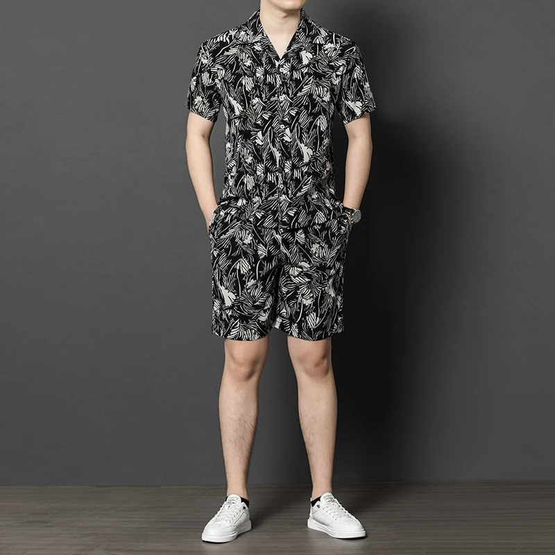 

Мужской комплект из шелкового приятного для кожи с принтом, рубашка и шорты, крутые атласные летние качественные мягкие удобные шорты в китайском стиле Conjuntos De Hombre