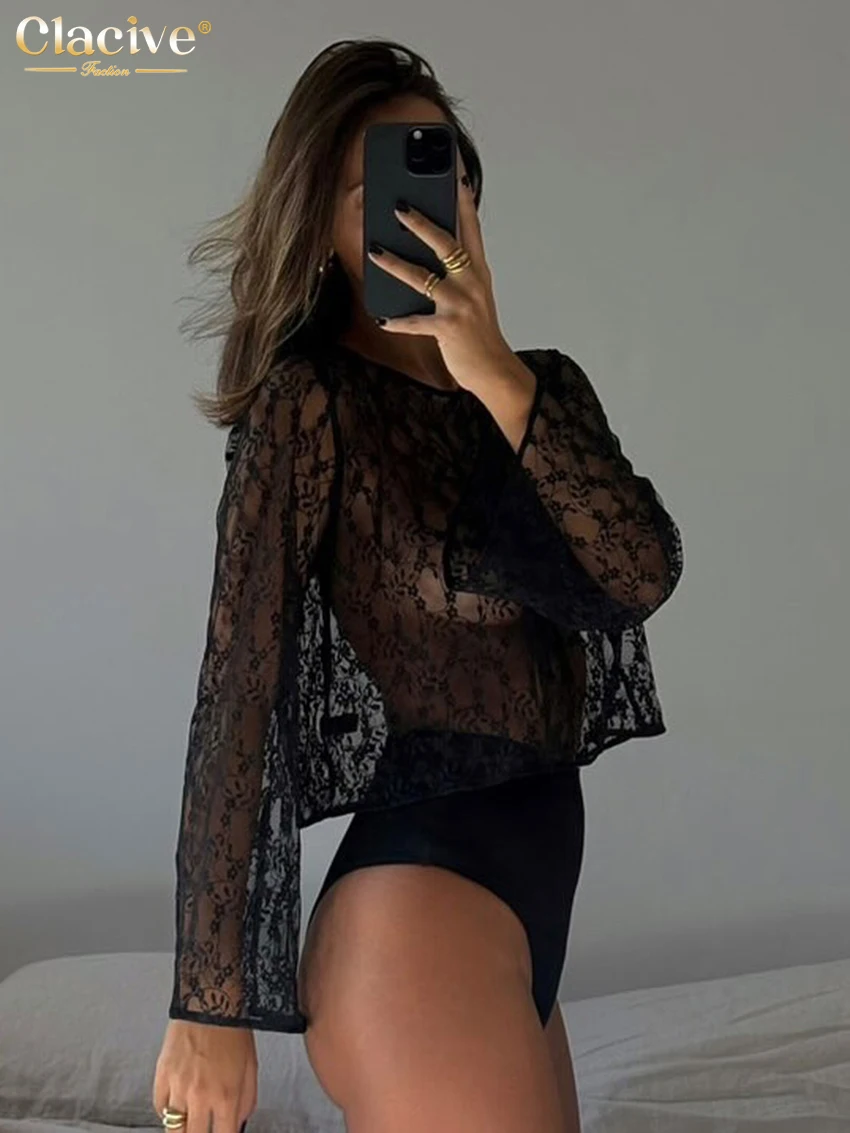 

Clacive Sexy Loose Black Lace Women's T Shirt 2025 Fashion O-Neck Long Sleeve T-Shirts Elegant See Through Top Female Clothing