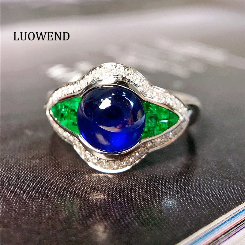 LUOWEND 100% 18K White Gold Rings Vintage Palace Style Shiny Diamond Natural Sapphire Ring for Women High Party Jewelry