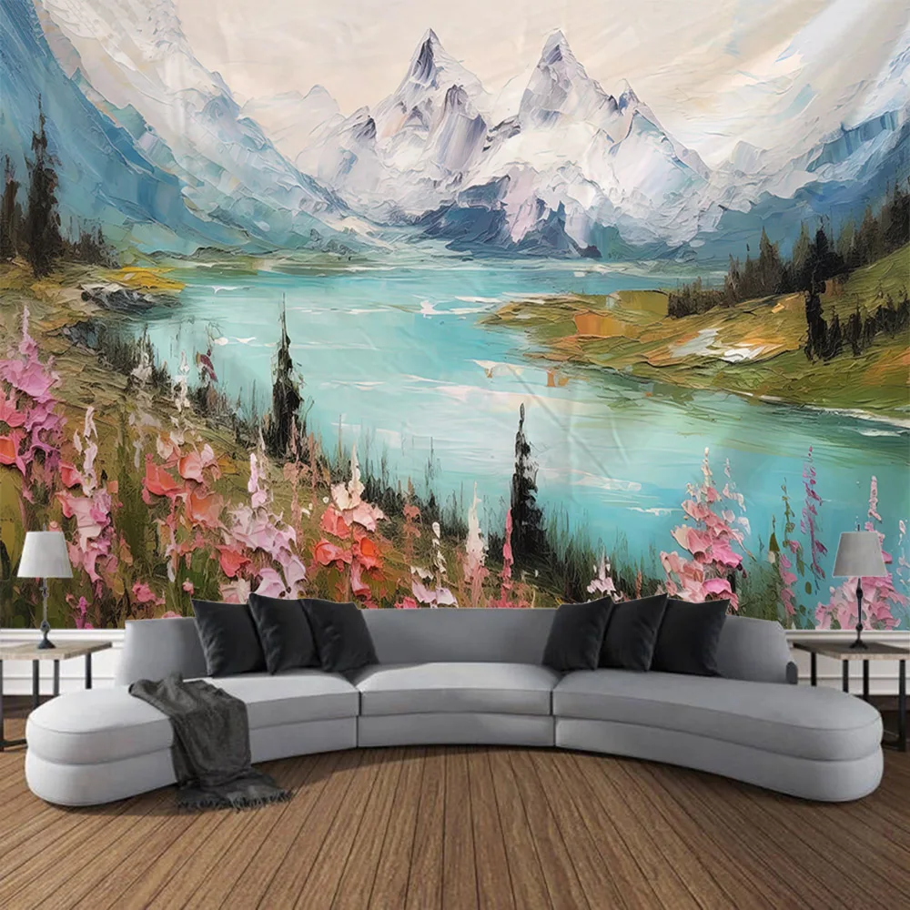 

Landscape oil painting tapestry, sea coconut tree wall hanging, forest sunset, home art decoration living room bedroom tapestry