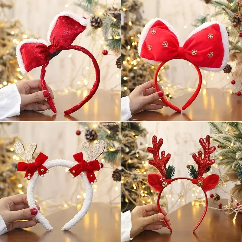 Children Christmas Red Bows Headband Women Girl Classic Elastic Reindeer Antler Santa Hair Hoop Xmas Party Headbands Accessories