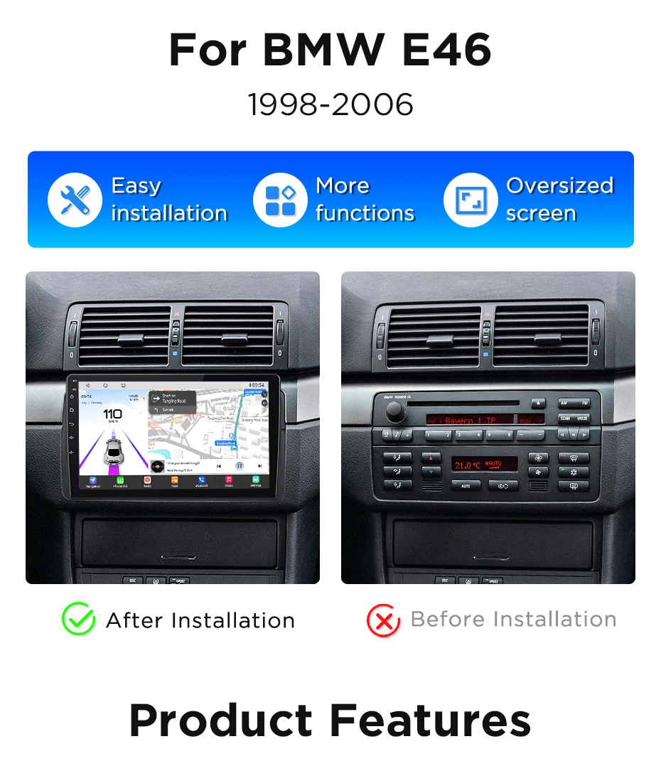 Junsun 360° ° Panoramakamera-Autoradio für BMW E46 M3 318 320 325 330 335 1998–2006, kabelloser CarPlay-Bildschirm, Android Auto Stereo – Detail 6