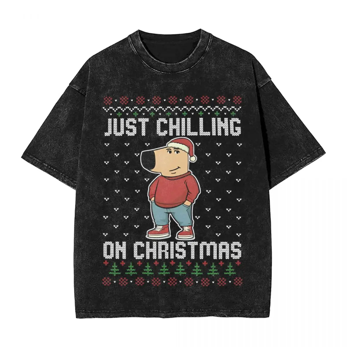 Just Chilling On Christmas Ugly Christmas Chill Guy T Shirts Washed Cotton T-Shirt for Men Women Tops Streetwear Tee Shirt