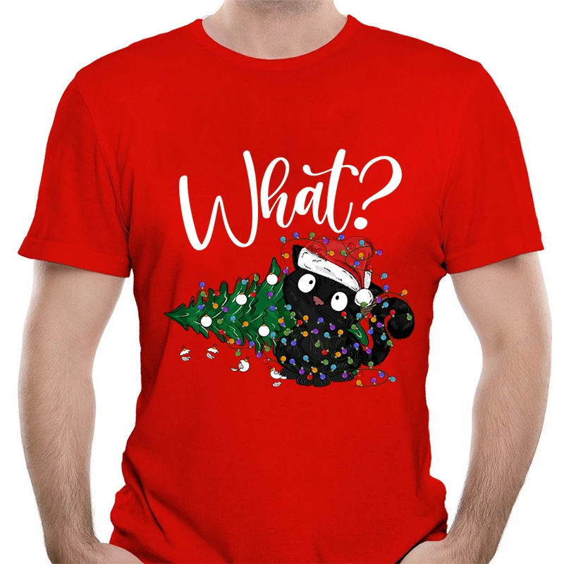 

Funny Christmas Men T Shirt Xmas Cute Cat What Christmas Tree Y2k Tops Fashion Harajuku Short Sleeve Tees Male Aesthetic Clothes