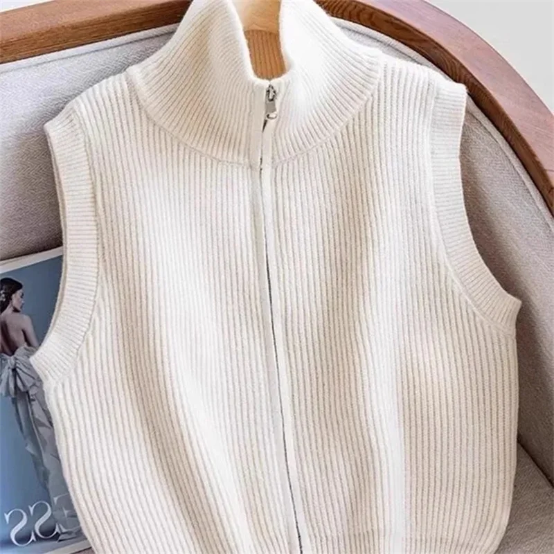 สุภาพสตรี Double Zipper ถักเสื้อกั๊กหญิงสีทึบเสื้อกั๊กเสื้อฤดูใบไม้ผลิฤดูใบไม้ร่วงผู้หญิงเสื้อคอปกสูงเสื้อแขนกุด