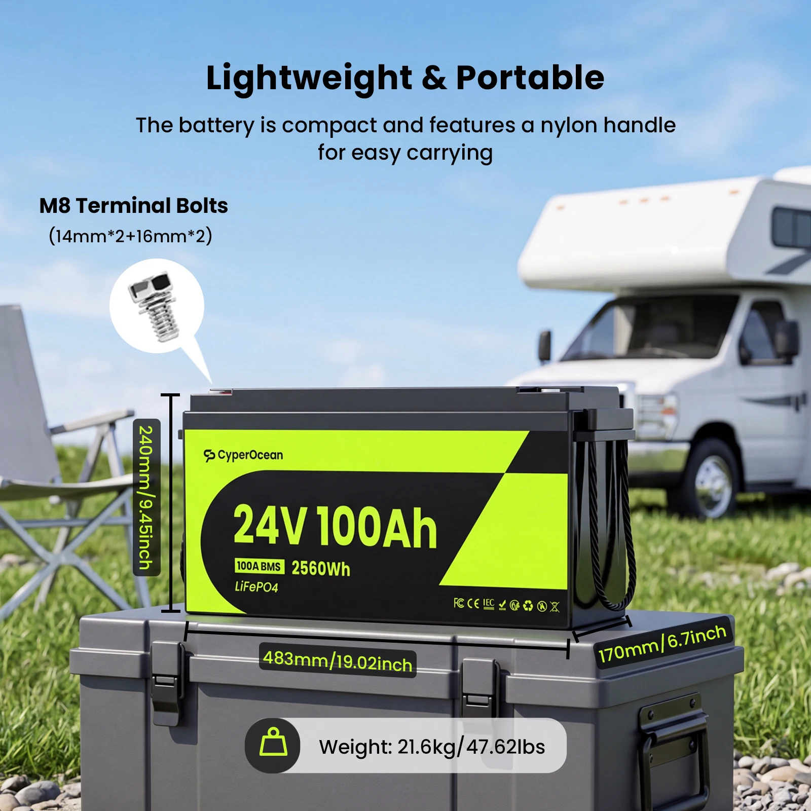 CyperOcean 24V 100Ah LiFePO4 Battery With 100A BMS Low-Temp Protection 15000 Cycles Rechargeable Lithium for Vans Golf Cart Boat RV Camping Solar Energy Storage