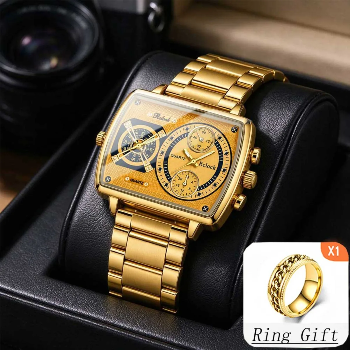 Men's Luxury Time Zone Quartz Watch Pack of 2 - Multi-Time Zone Watch with Ring Pointer Display, Suitable for Business