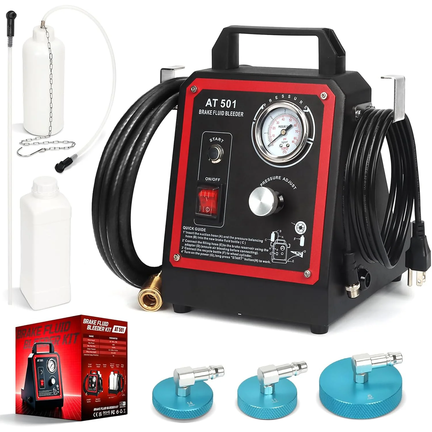 AT-501 Brake Fluid Bleeder Kit 110V Automatic/0.7~3.0 Bar Electric Brake System Bleeder Machine with Fluid Shortage Protection