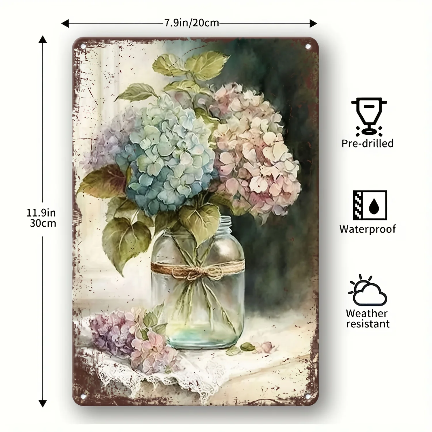 HD Tin Sign Vintage Hydrangea Mason Jar Wall Decor - Retro Rustic Watercolor Flower Art Metal Tin Sign for Home Garden Decor