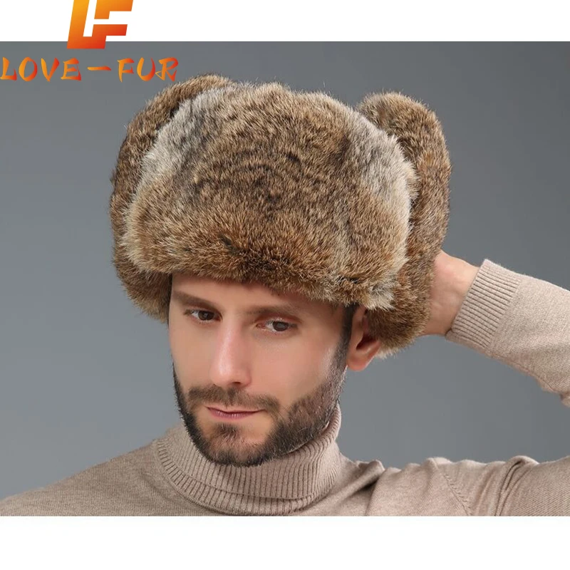 Fashion Thick Warm Bomber Hat Men Real Rabbit Fur Earflap Trapper Russian Cap Male Plus Size Winter Hats for Men Ski Russian Hat