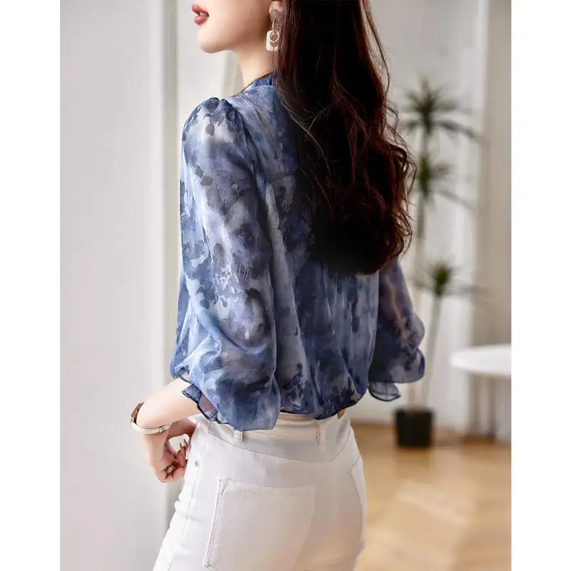 Chiffon Shirt 2023 Lente Nieuwe Elegante Vintage V-Hals Lange Mouwen Vetersluiting Losse Slanke Office Lady Basic Casual Print Top