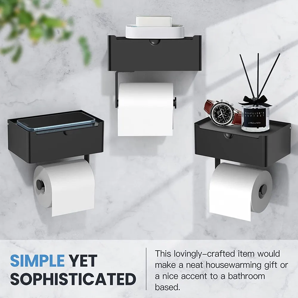 Black Toilet Paper Holder Stainless Steel Flushable Wipes Dispenser Adhesive or Screw Wall Mounted Toilet Paper Roll Holder