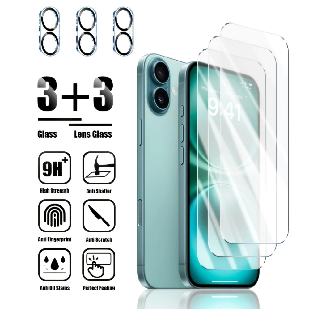 

3Pcs Ultra Clear Tempered Glass for iPhone 17 16 15 14 Pro Max Air 16 15 14 Plus 13 12 11 Pro With 3Pcs HD Camera Lens Protector