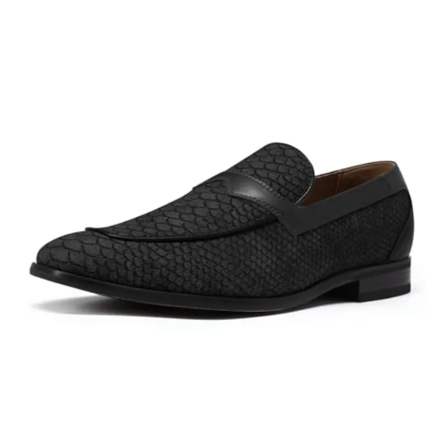

Men's formal slip-on loafers for office wear, PU leather with fish-scale embossing, black, cushioned non-slip rubber sole