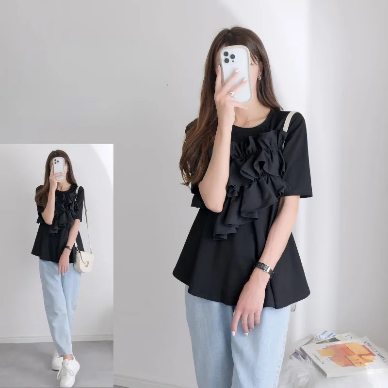 Irregular Patchwork Ruffles Sweet Chic Short Sleeve Tshirts O-neck Solid Elegant Temperament Lady Top Japanese New Casual Tee