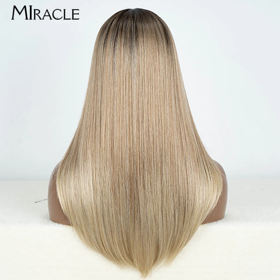 MIRACLE Straight Lace Wig Cosplay Synthetic Lace Front Wig for Women 22'' Soft Heat Resistant Fiber Fake Hair Ombre Blonde Wig