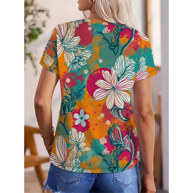 Women's V-Neck Short-Sleeve T-Shirt with Abstract Floral Print - Bold Color Palette & Modern V-Neck Design, Casual & Chic Blouse