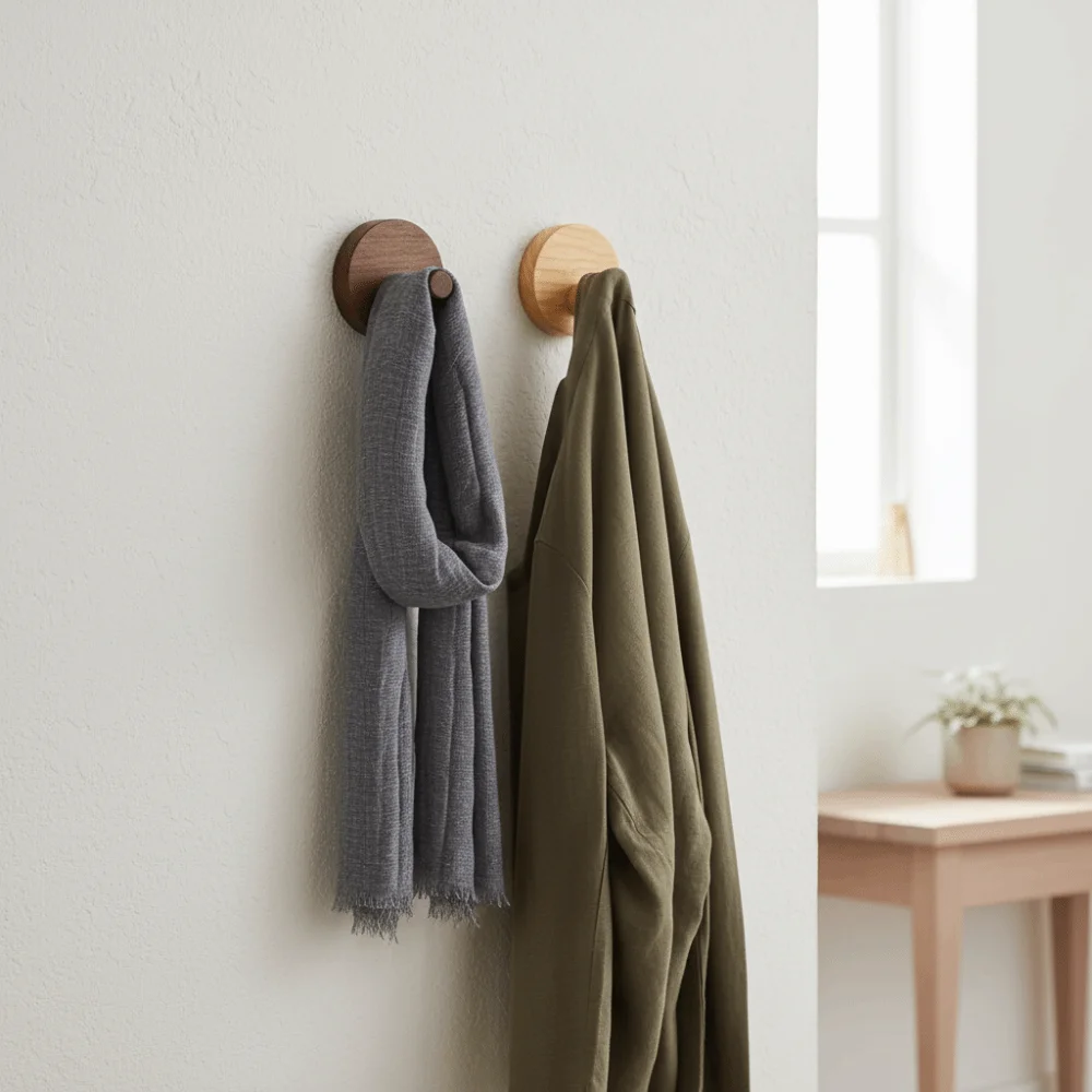 

4pcs Beech Walnut Wood Wood Hook Solid Wood Simple Design Wall Hook Wood Handle Punch Free Hanging Hanger Kitchen Organization