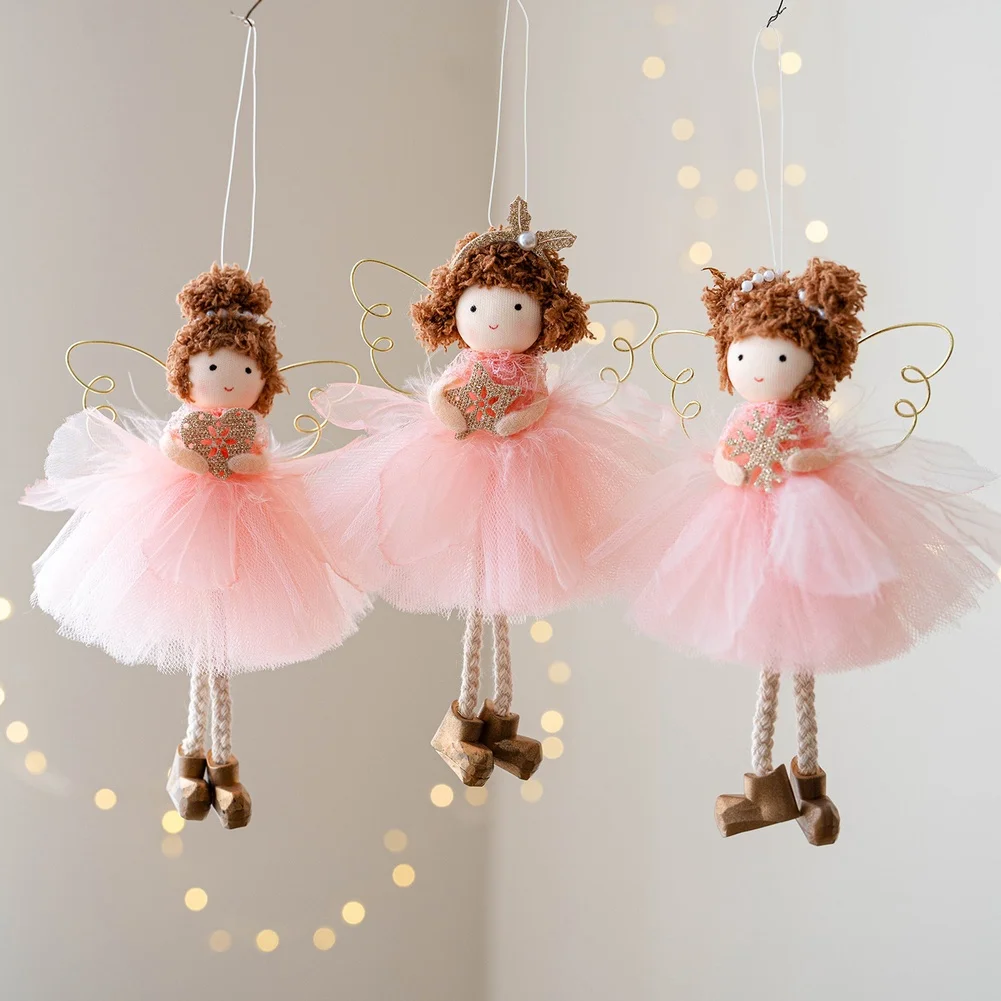 Cute Lace Floral Tulle Skirt Angel Pendant Pink Gold Wings 15x13cm Cloth Christmas Tree Ornament Hanging Decor For Holiday Home