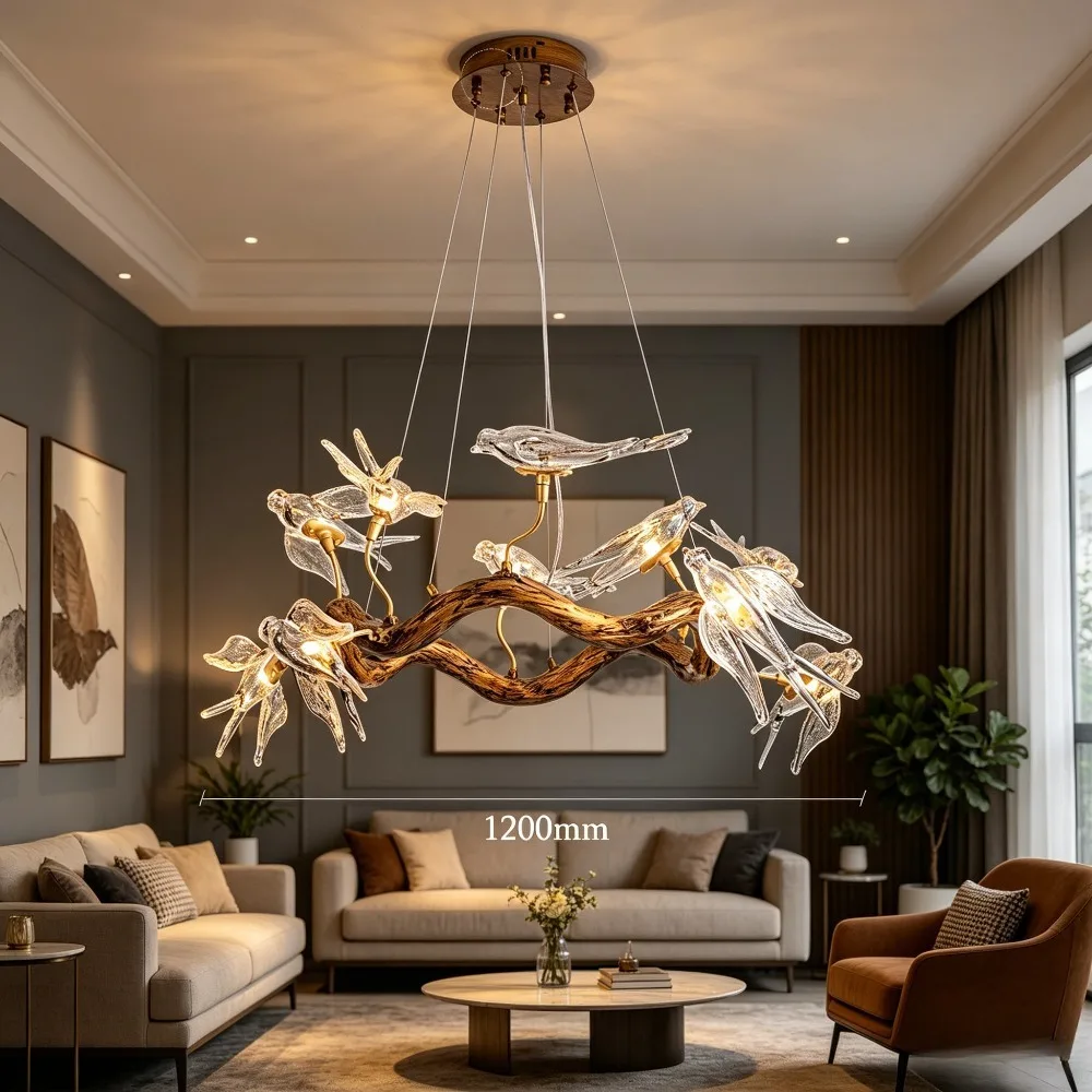Vintage Round Glass Bird Ceiling Chandelier Swallow Long Dining Table Living Room Luxury Branch