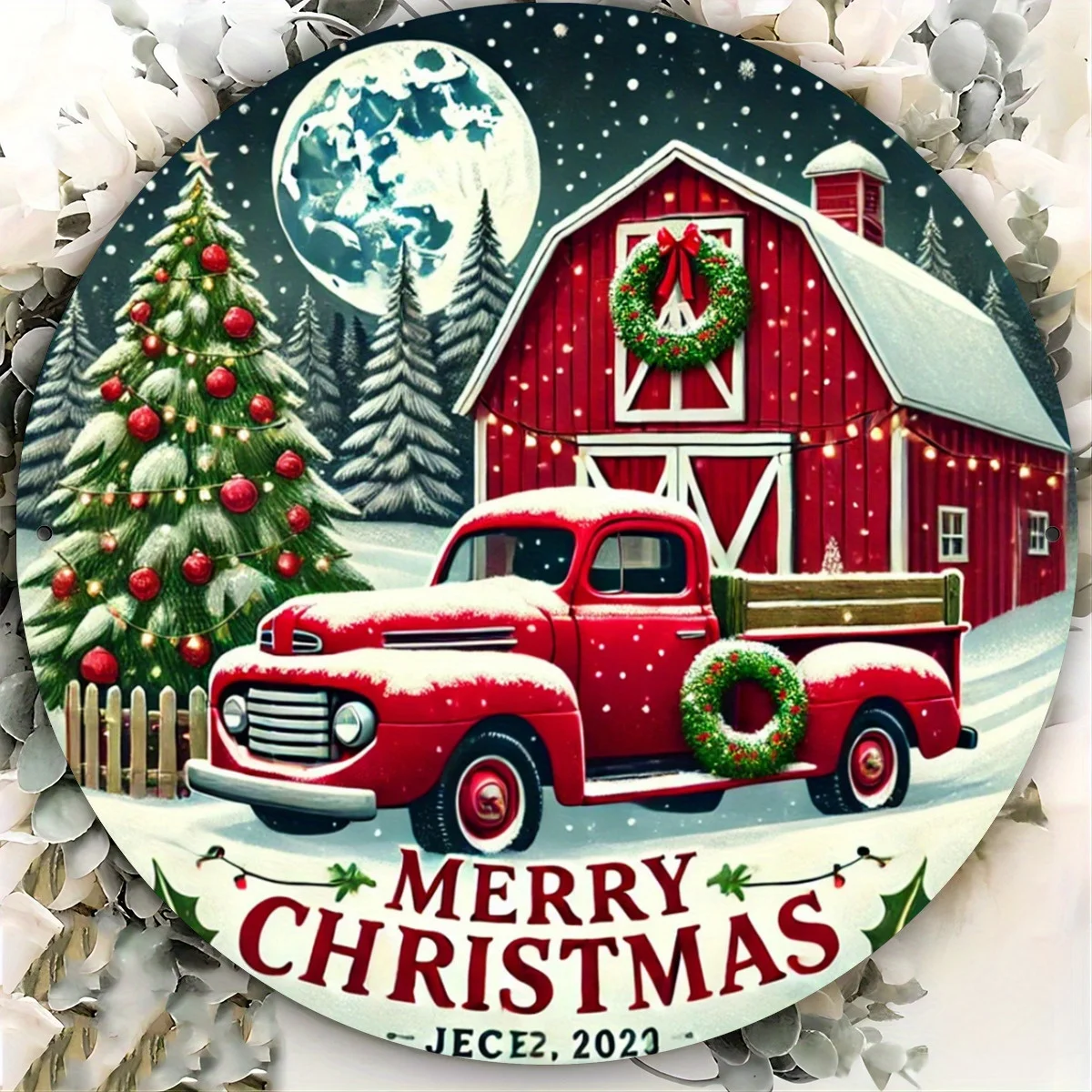 1 Stück, rustikaler roter LKW Frohe Weihnachten 7,8 x 7,8 Zoll rundes Metallschild, festliche Feiertags-Wandkunst für Zuhause, Garten, Küche, Bar,