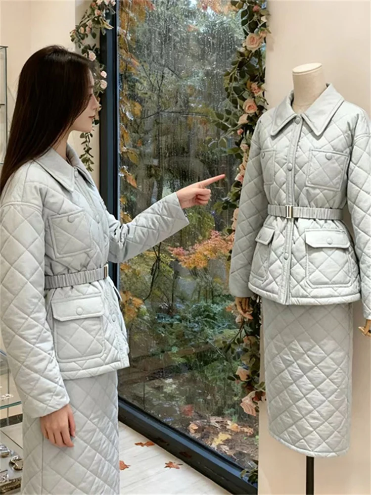 

Faionable Commute Set Women's Diamond Pattern Cotton Jaet Ele Age-Defng Outfit Clete Matching f Skirt