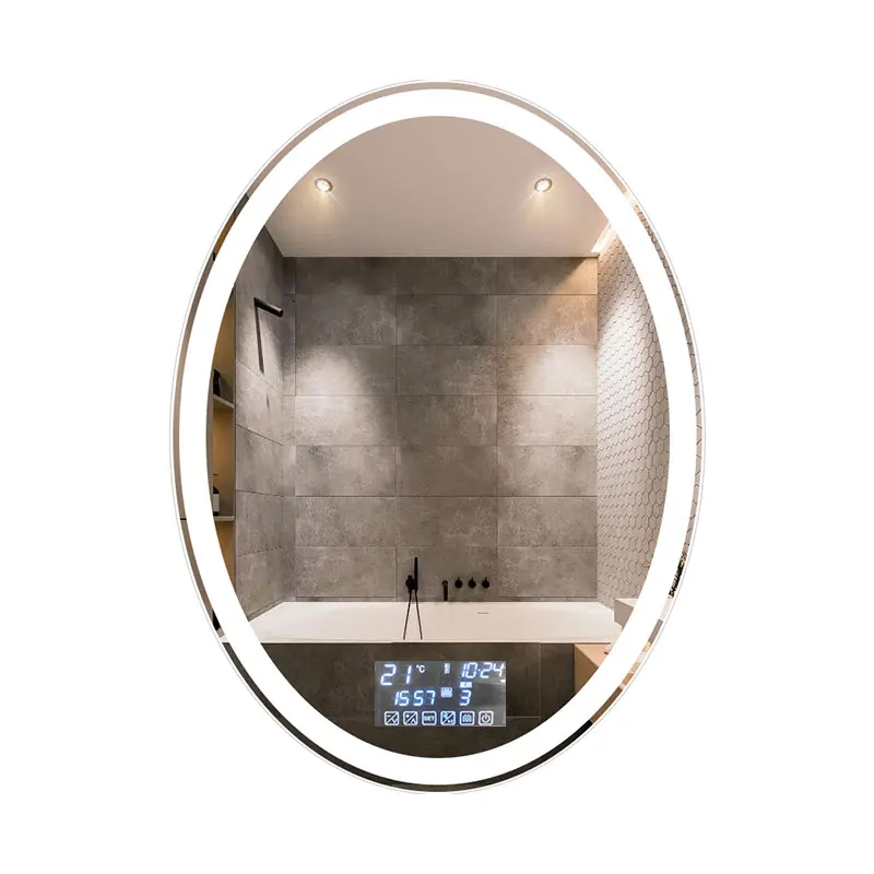 Multi Function Backlit Wall Mounted Oval Shape LED Touch Button Lighted Bathroom Slivered Fogless Makeup Mirror