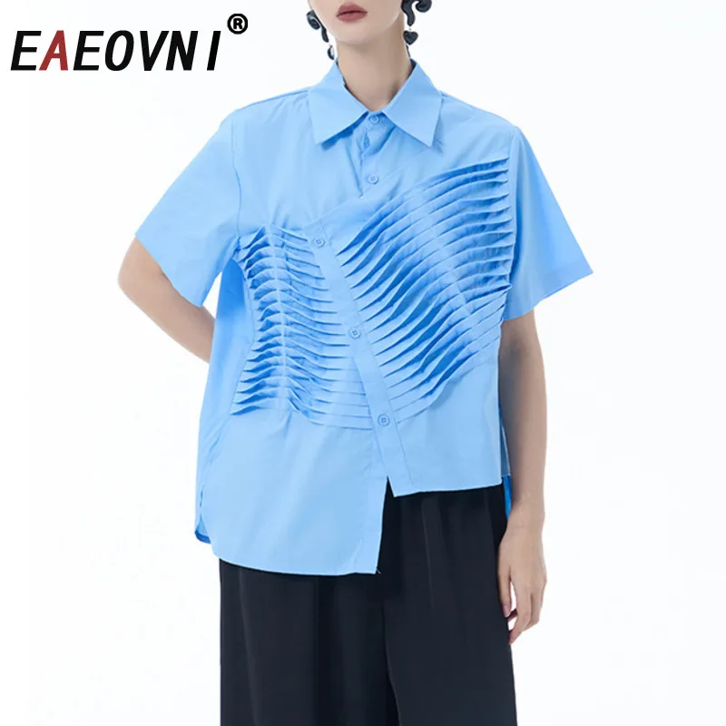 

EAEOVNI Folds Spliced Design Shirt Women Fashion Lapel Short Sleeve Button Solid Color Blouse Casual 2025 Summer New Clothing