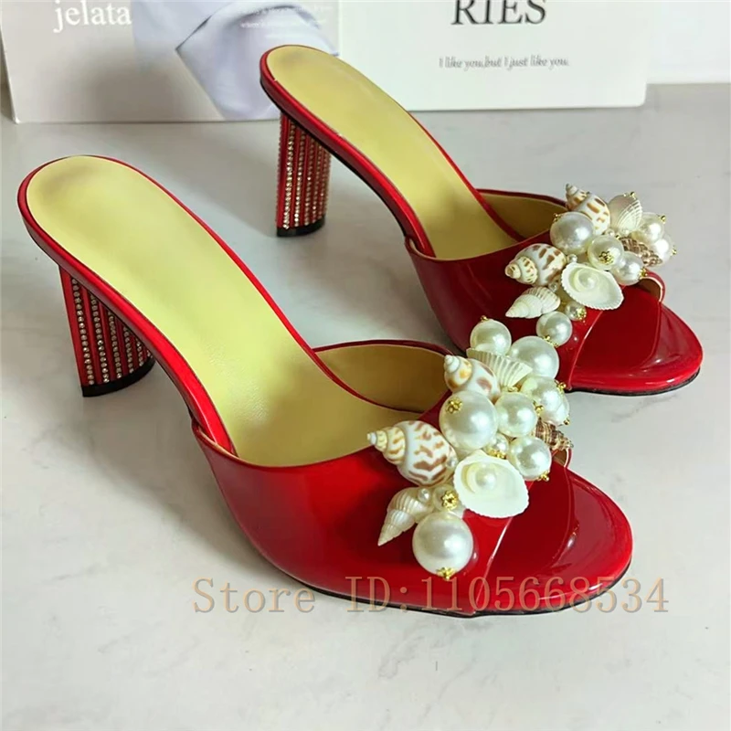 Conch Shell Pearl Handmade Bead Decor Mules Rhinestone Inlaid Heel Slides Sandals Luxury Party Evening Dress Shoes
