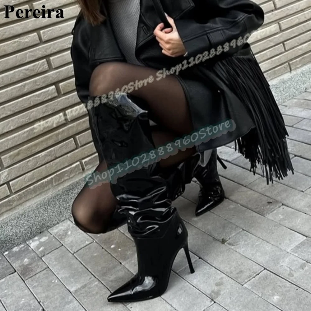 Botas puntiagudas de charol negro hasta la rodilla de talla grande, zapatos finos de tacón alto para mujer, botas de fiesta a la moda con punta estrecha