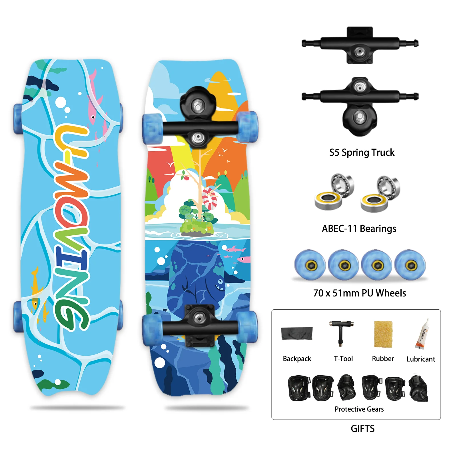 2024 Land Surfboard for Boys S5 Spring Truck with Protective Gears and Other Gifts New Design 32 Inch