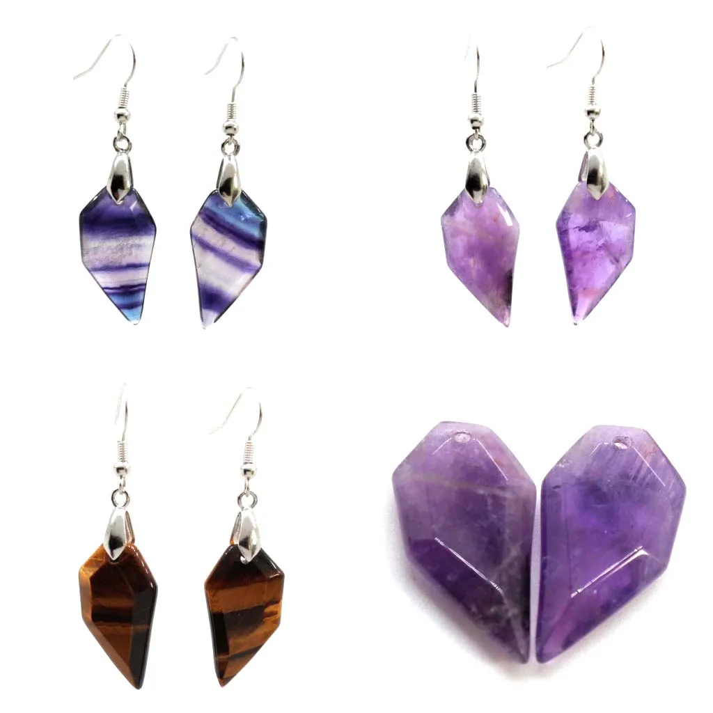 

Crystal love Half Heart Earrings For Women Girls Natural Amethyst Rose Quartz Fluorite Agate Dangle Hook Faceted Stone Earring
