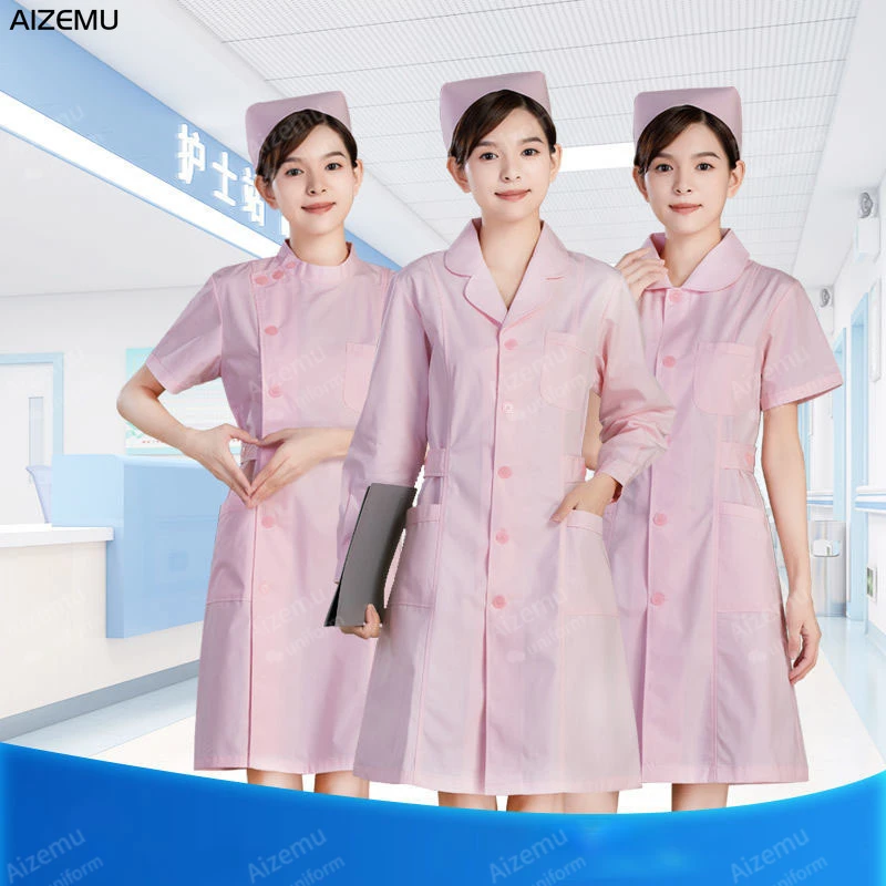 Women Pink Nursing Scrubs Jacket Scrub Uniforms Round Collar Scrub Lab Uniform Dress doctor scrubs Robe SPA Beautician Uniform