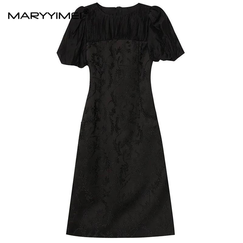 

MARYYIMEI Fashion Women's New Round Neck Puff Short Sleeve Shirring Exquisite Pearl Jacquard High-Waisted Office Lady MIDI Dress