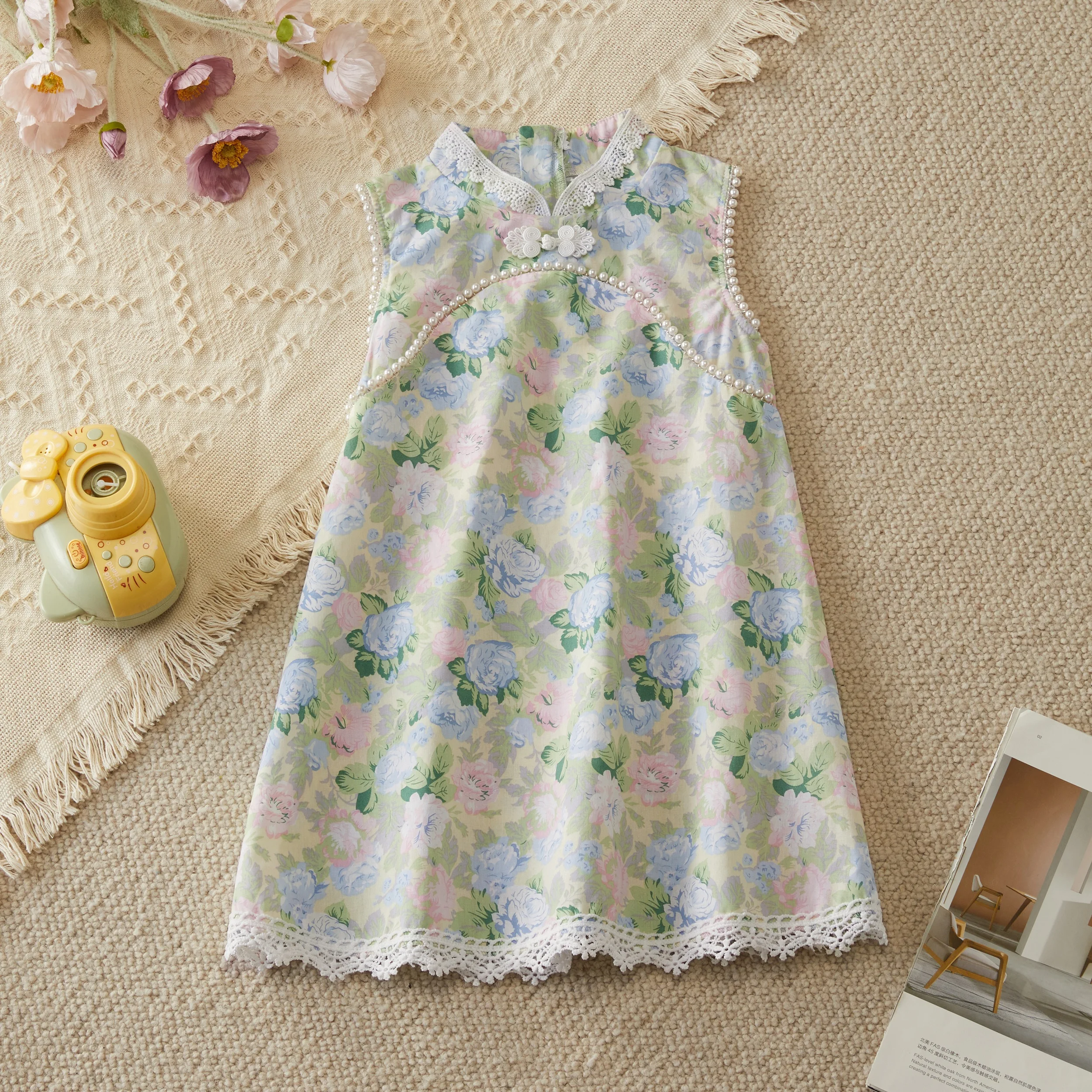 Girls Princess Dresses Summer Lace Stand-up Collar Printed Pearl Cheongsam Dress Children's Clothing Comfortable Dress